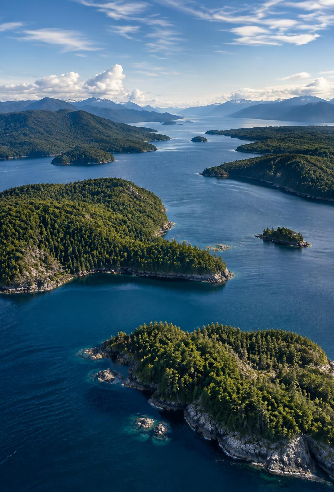 Forested islands along the British Columbia coast seen from the air