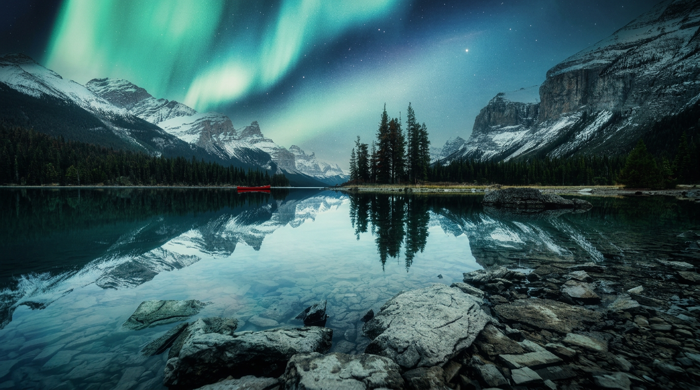 Aurora borealis reflected over Spirit Island and a mountain lake