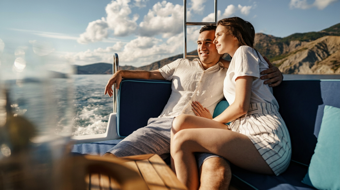 A couple enjoying a private boat journey along a sunlit coast