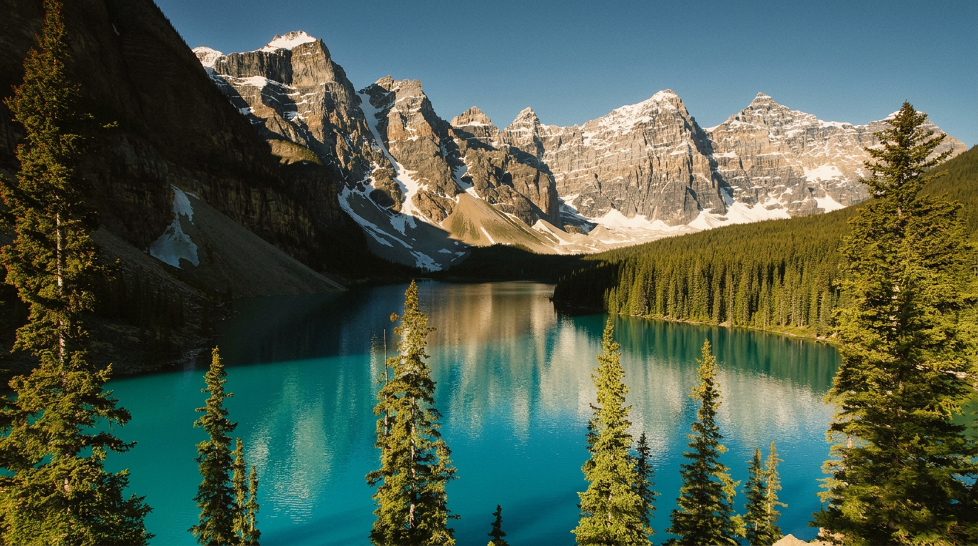 Moraine Lake and the Canadian Rockies under a deep blue sky